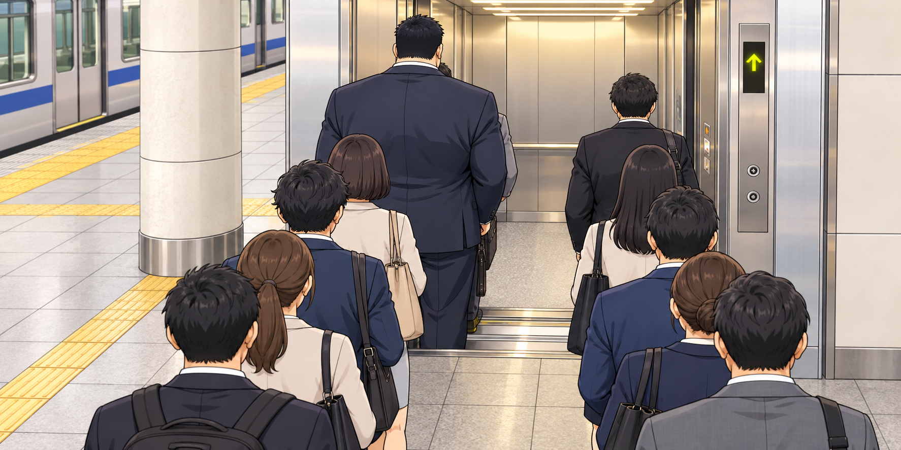 駅のホームで、エレベーターに乗ろうと二列に並ぶ通勤客を後ろから見たイラスト。身長192cmの大柄なタッカーズの前には、体に隠れた人のスーツの腕がちらりと見え、後ろには8人が並んでいる。