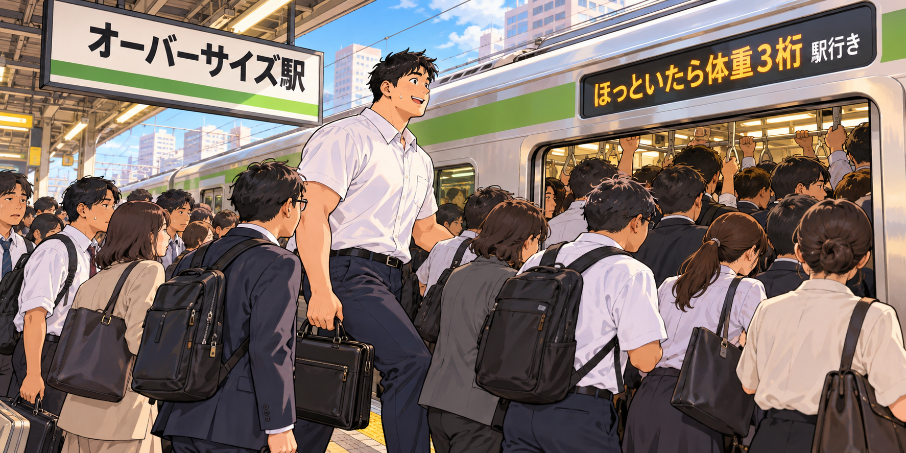 夏の朝、「オーバーサイズ駅」で満員電車に乗り込む、白い半袖ワイシャツ姿のタッカーズ。身長192cmの頭が周囲の通勤客よりひとつ飛び出している。電車の行先は「ほっといたら体重３桁」駅行き。