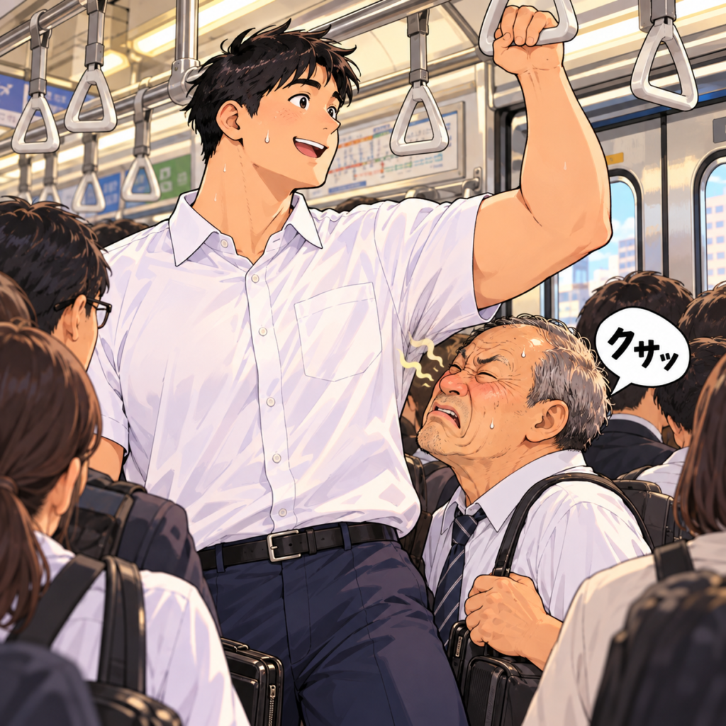 夏の満員電車で、白い半袖ワイシャツ姿のタッカーズが吊革をつかんでいる。身長192cmの彼の脇が、隣に立つ60代男性の鼻先に近づき、男性が「クサッ」と顔をしかめるコミカルなイラスト。