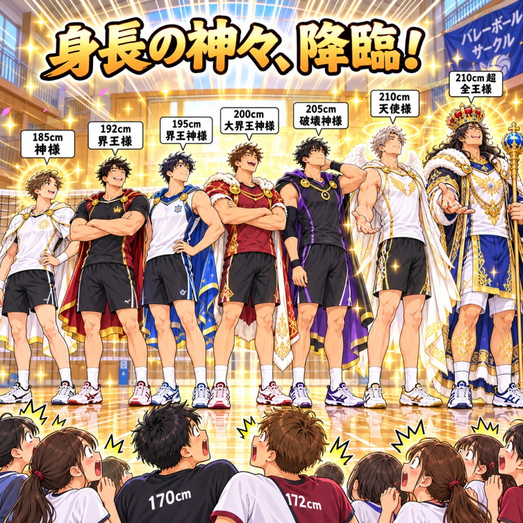 大学の体育館に、185cmの神様、192cmの界王様、195cmの界王神様、200cmの大界王神様、205cmの破壊神様、210cmの天使様、210cm超の全王様が勢ぞろい。マントや王冠をまとった7人が後光を放ち、背比べしていた170cmと172cmの男子学生や仲間たちが、口を開けて驚きながら見上げる漫画風イラスト。