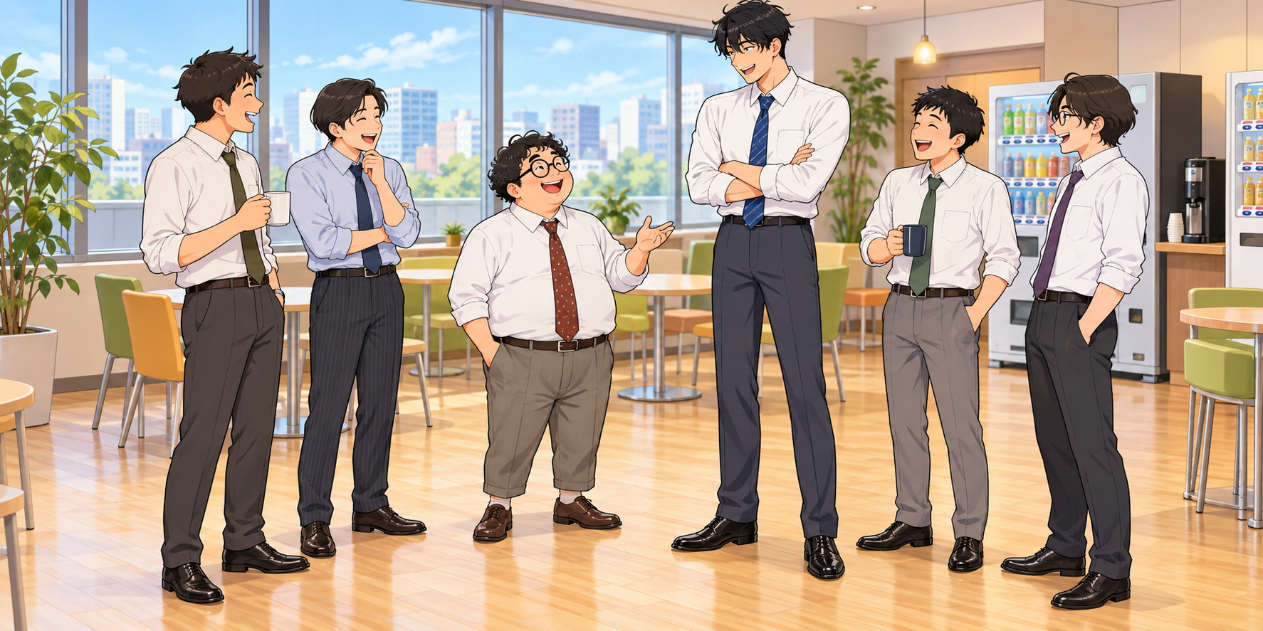 会社の休憩スペースで談笑する会社員たち。眼鏡をかけたクルクルパーマの先輩が身振りを交えて話し、身長192cmの後輩も笑顔で聞いている。股下62cmの先輩と、足の長い後輩の体形の違いが目を引くイラスト。
