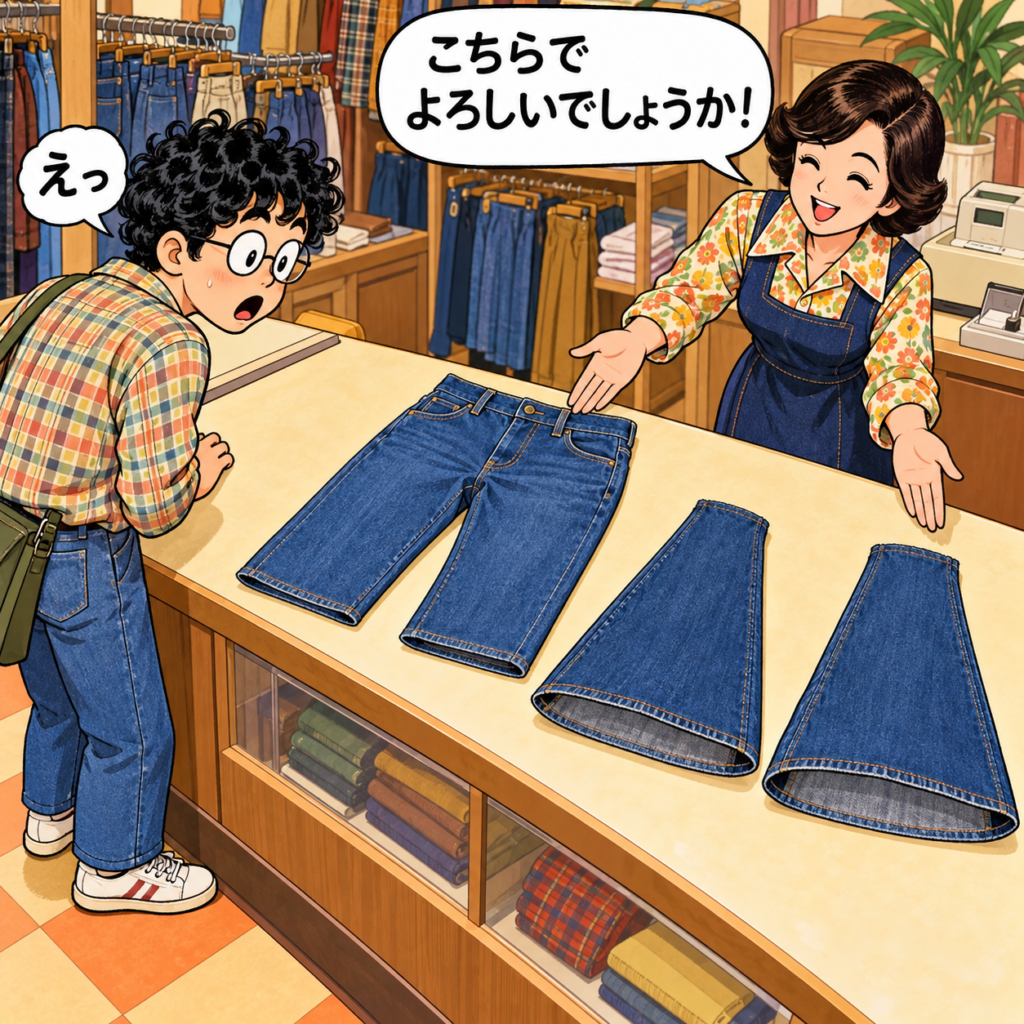 洋服店のレジで、裾上げしてストレートになったズボンと、切り落とされたラッパ型の裾が並んでいる。店員が「こちらでよろしいでしょうか!」と笑顔で差し出し、18歳のクルクルパーマで眼鏡の先輩が「えっ」と驚く漫画風イラスト。