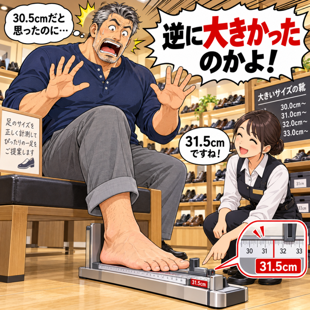 靴屋で店員に足のサイズを測ってもらう、大柄なハミ出しシューズ団団長。「30.5cmだと思ったのに…」という予想に反し、結果は31.5cm。笑顔で結果を伝える店員の隣で、両手を広げて「逆に大きかったのかよ!」と叫んでいる。
