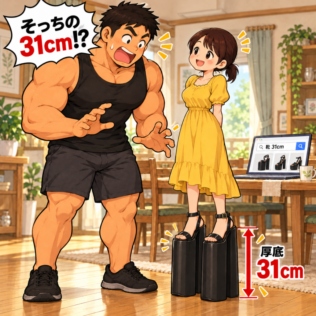 自宅のダイニングで、高さ31cmの黒い厚底靴を履き、笑顔で立つ小柄な妻のチーちゃん。隣の大柄な団長は、巨大な厚底を見て「そっちの31cm!?」と驚いている。奥のノートパソコンには「靴 31cm」の検索結果と厚底靴が表示されている。