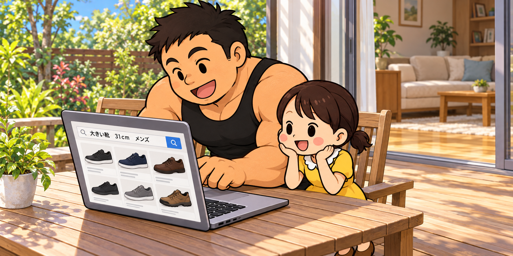 自宅のリビングにつながる木製デッキで、大柄なハミ出しシューズ団団長と小柄な妻チーちゃんが、ノートパソコンで「大きい靴 31cm メンズ」を楽しそうに検索しているイラスト。