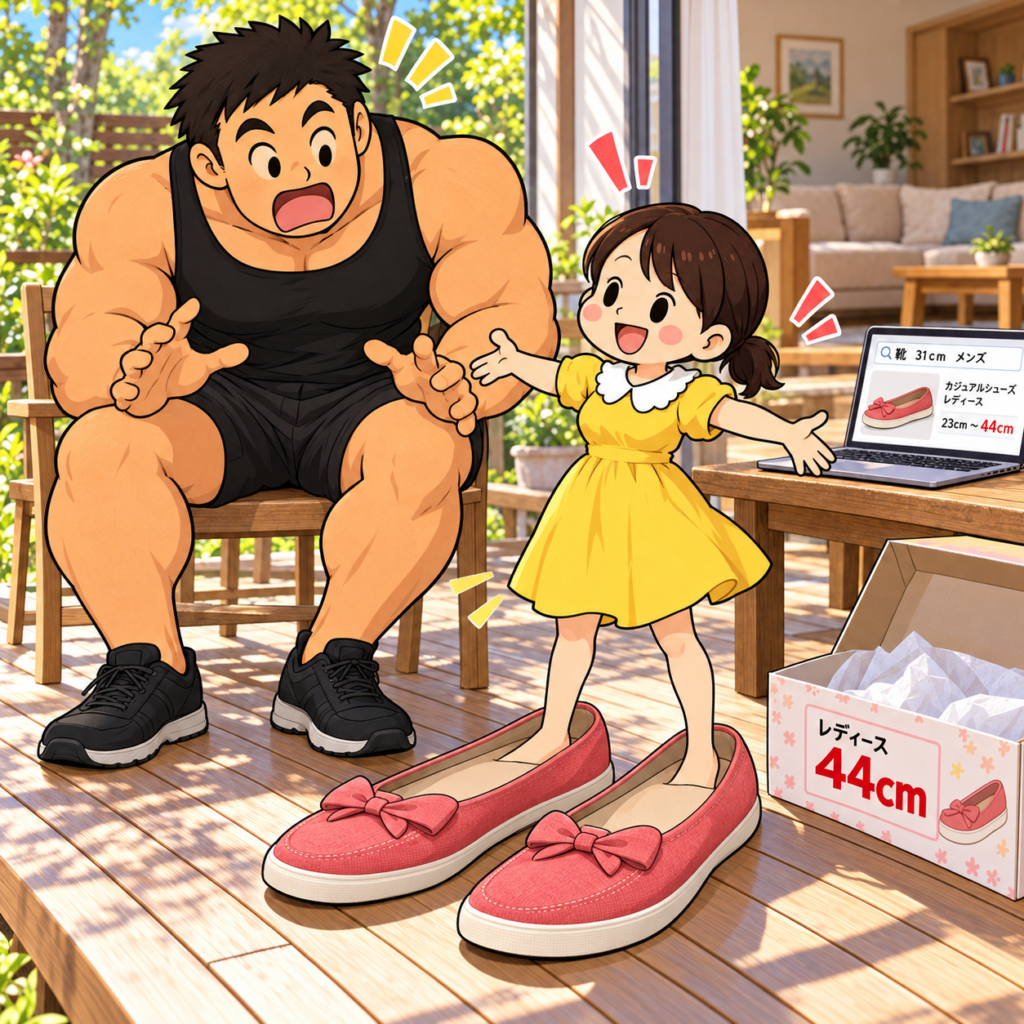 自宅の木製デッキで、小柄なチーちゃんがリボン付きの巨大な44cmのレディース靴を履いて両手を広げ、大柄な旦那が驚いているイラスト。