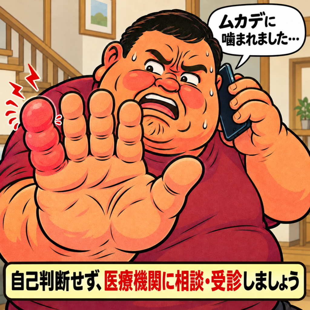 ムカデに噛まれて小指が親指ほどの太さに赤く腫れ、病院へ電話するおゆびたん。「自己判断せず、医療機関に相談・受診しましょう」と呼びかけるイラスト。