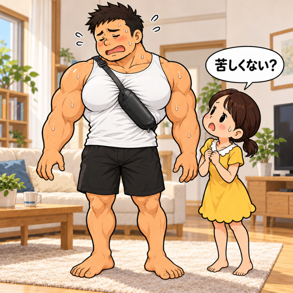 白いタンクトップ姿のハト胸兄さんが、小さく見える黒いショルダーバッグを前掛けし、胸にベルトが食い込んで苦しそうな表情。隣では黄色いワンピース姿の妻チーちゃんが「苦しくない？」と心配している。二人とも自宅で裸足。