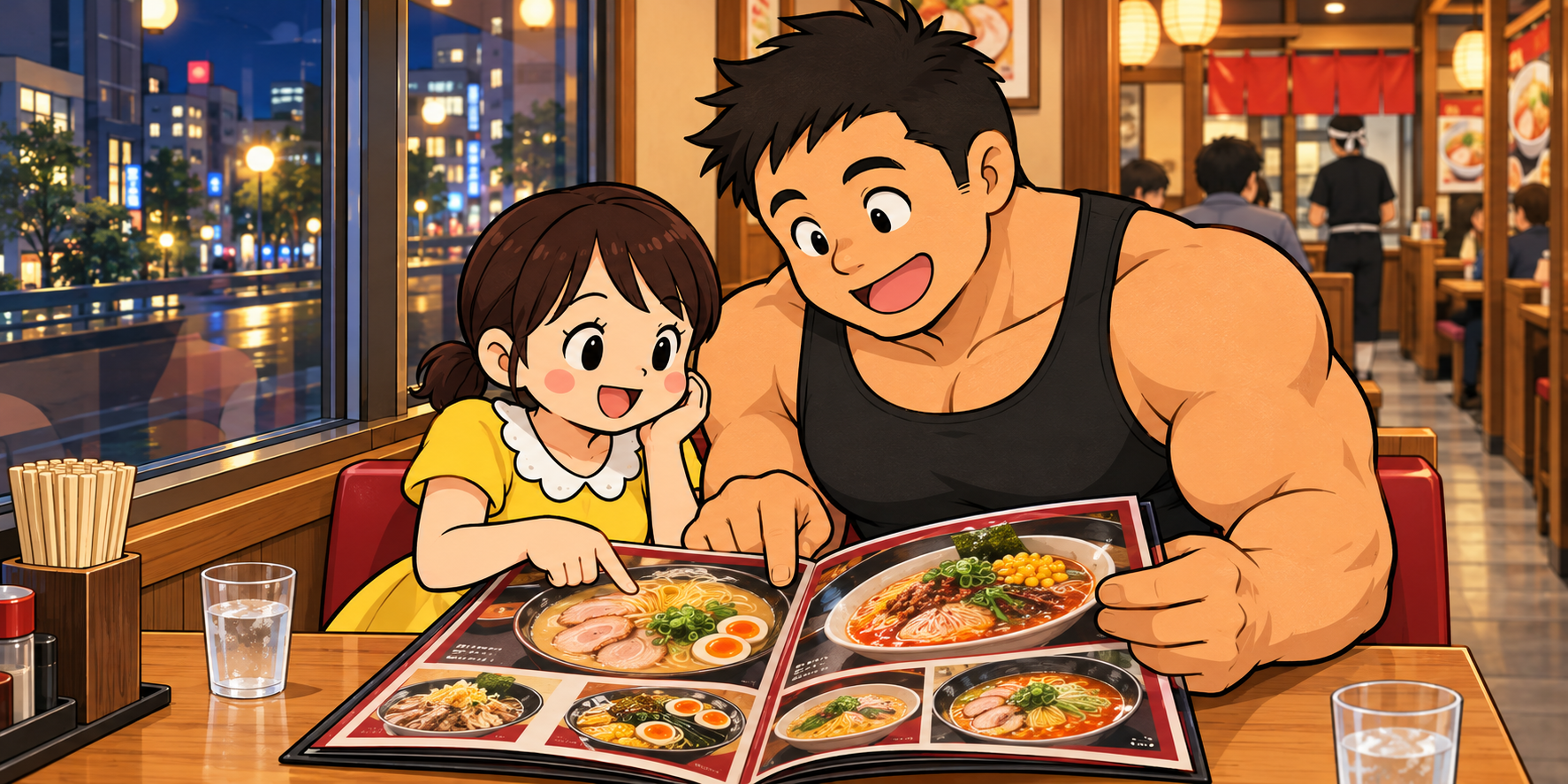 夜のラーメン店で、窓側に座る小柄な妻のチーちゃんと、通路側に座る大柄なハト胸兄さんが、笑顔で一緒にラーメンのメニューを見ているイラスト。