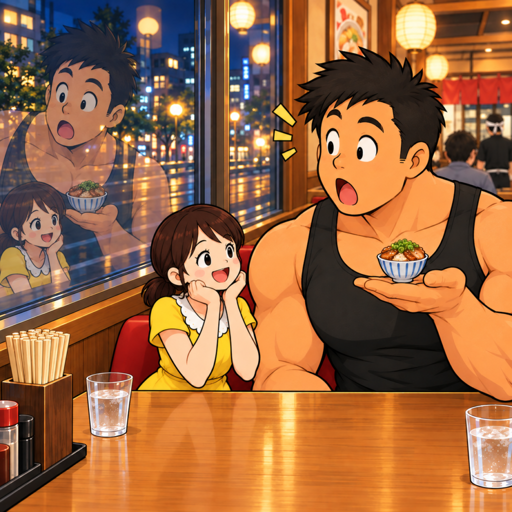 夜のラーメン店で、小さなチャーシュー丼を手のひらに乗せ、窓に映る自分の大きな体とのサイズ差に驚くハト胸兄さん。隣では小柄な妻のチーちゃんが笑顔で見上げている。