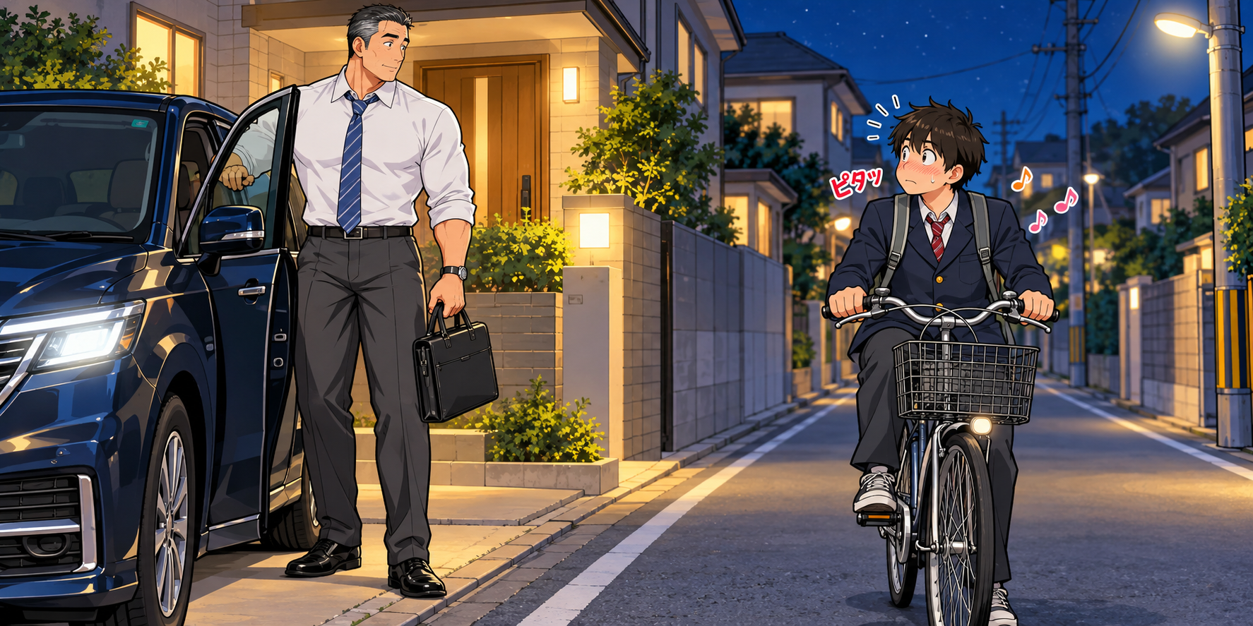 夜の住宅街で、自宅の駐車場の車から降りた長身で筋肉質のお父さんと目が合い、歌をピタッと止めて赤面する自転車の男子高校生。