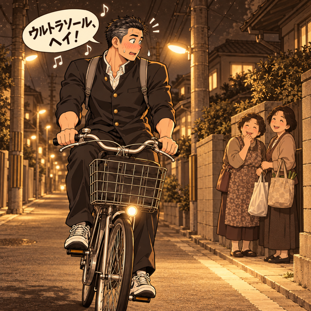 バイト帰りの夜道で、自転車を漕ぎながら「ウルトラソール、ヘイ！」と熱唱する大柄な男子高校生。道端のおばちゃん二人の視線に気づき、赤面する姿を描いたセピア色の回想イラスト。